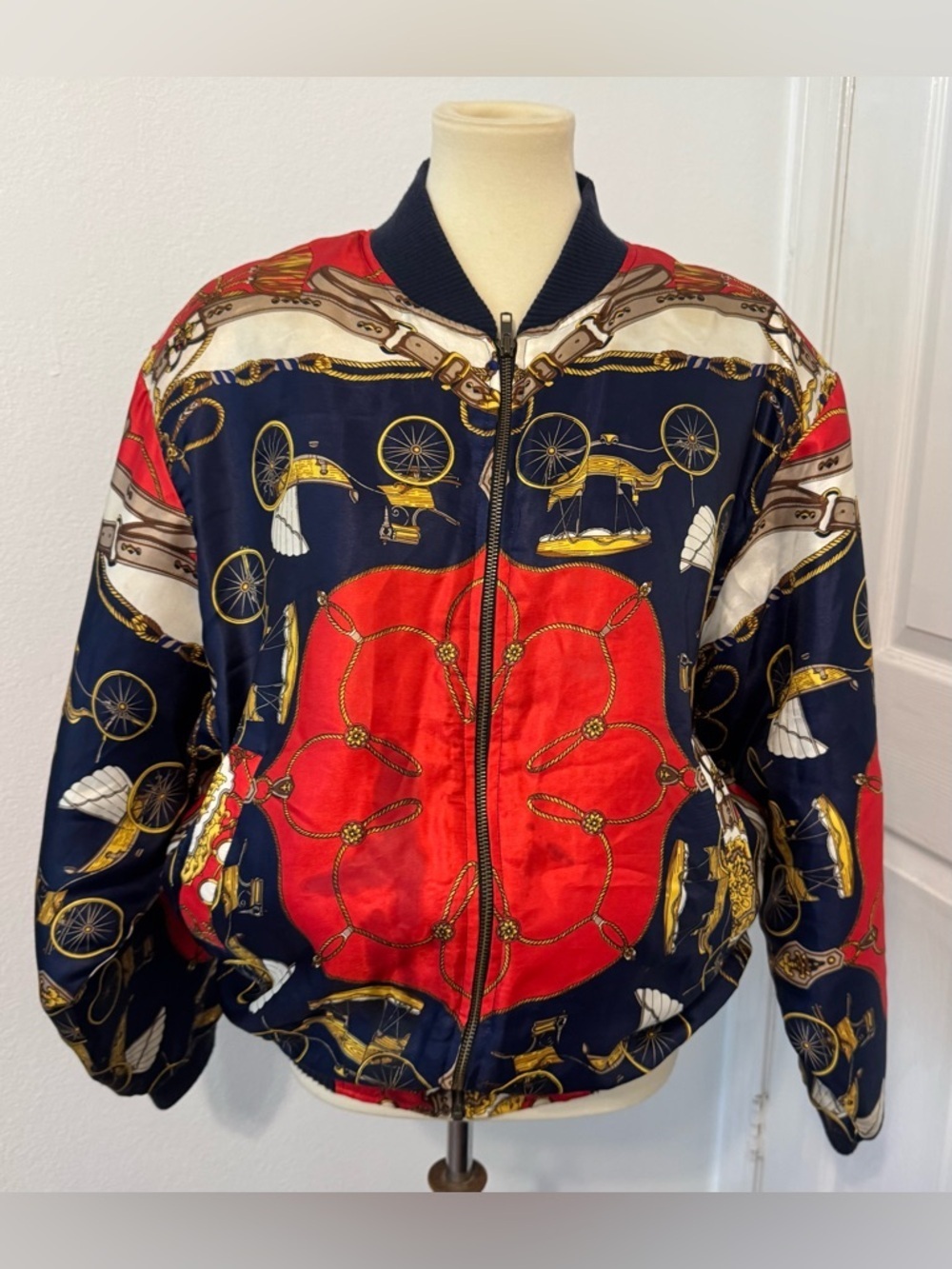 Vintage Angela Tong Bomber Jacket Equestrian Scarf Print Red Navy Retro M *READ* - Picture 1 of 13
